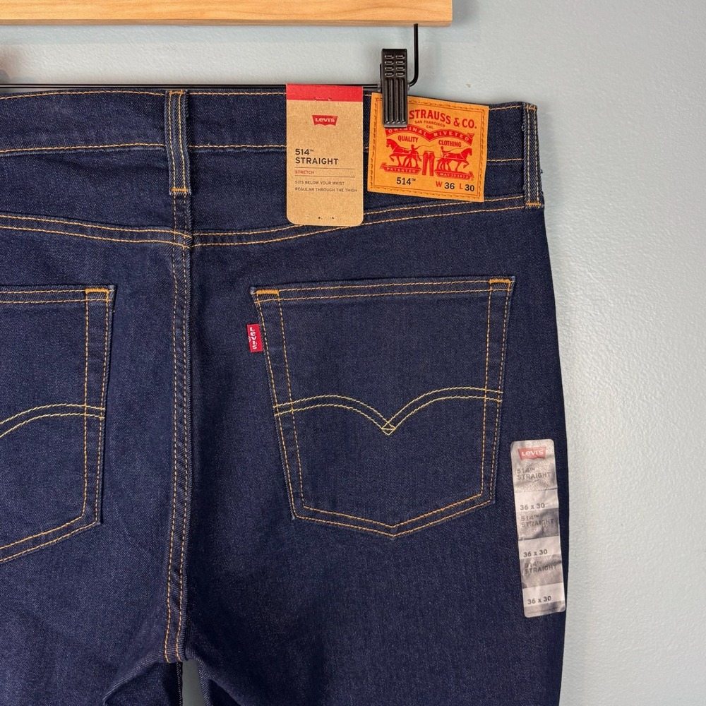 NEW Levi's 514 Straight Leg Jeans Mens 36x30 Blue Dark Wash Cotton Stretch Denim